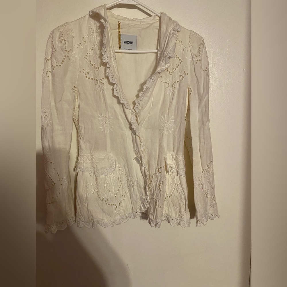 Moschino Fitted Ivory Eyelet Blazer